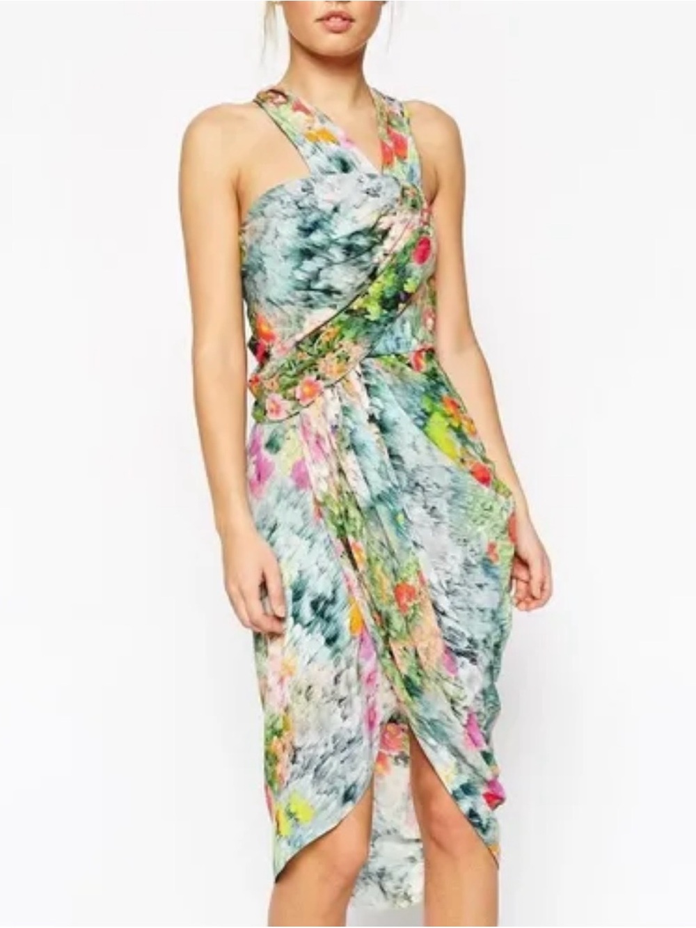 ASOS One-Shoulder Floral Watercolor Wrap Dress in Multi